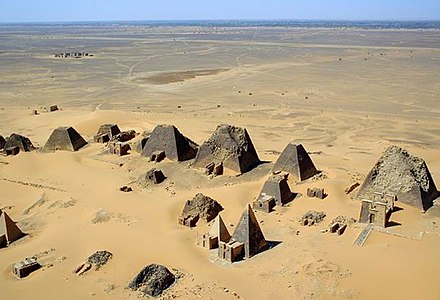 Aerial view of the Nubian pyramids at Meroe, by B. N. Chagny, 2001