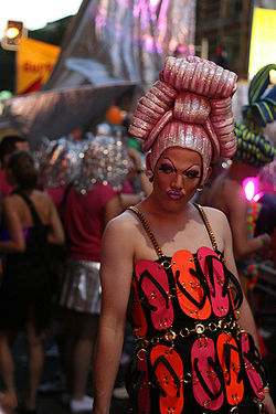 Drag queen, Carmen Geddit from Sydney Drag Royalty dressed as Anthony "Tick" Belrose / Mitzi Del Bra (Hugo Weaving) from the film The Adventures of Priscilla, Queen of the Desert during the 2007 parade. Sydney Mardi Gras.jpg