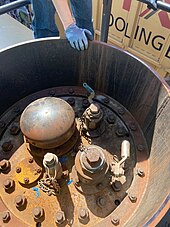 Inside the valve housing on top of a tank railcar in the United States Tank car valve housing 1.jpg