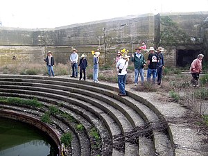 Abandoned gun pit for the unique 16-inch disappearing gun at Fort Michie. The "Big Gun" at Fort Michie (3593779036).jpg