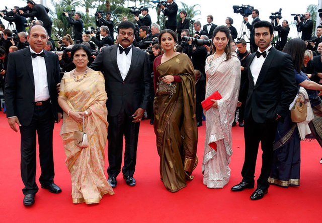 Chiranjeevi, Vidya Balan, and Ram Charan at "Incredible India" event in the 2013 Cannes Film Festival