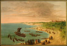 A painting by George Catlin of an expedition departing from Fort Frontenac, November 1678 The expedition leaving fort frontenac on lake ontario.PNG