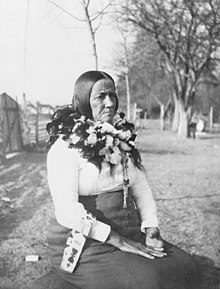 Theodora Octavia Dennis Cook, wife of Chief George Major Cook, wearing a woven feather neck ornament of wild turkey feathers, wild goose, and shelldrake or shellduck, ca. 1864-ca. 1935 Theodora Octavia Dennis Cook, Pamunkey, ca. 1864-ca. 1935.jpg