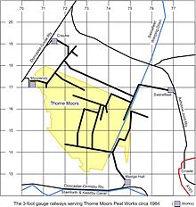 Map showing peat railways on Thorne Moors circa 1984, with older links to Creyke Siding and Moorends Works. The Axholme Joint Railway had also been lifted by this time. Thorne Moors Peat Works.jpg