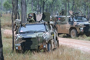 Two Bushmasters operated by the 2nd Battalion, Royal Australian Regiment during an exercise in 2010 Two Bushmasters during October 2010.JPG