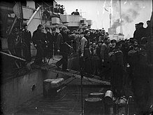 Survivors from U-406 and U-386 being brought ashore from HMS Spey at Liverpool. U-boat Warfare 1939-1945 A22150.jpg