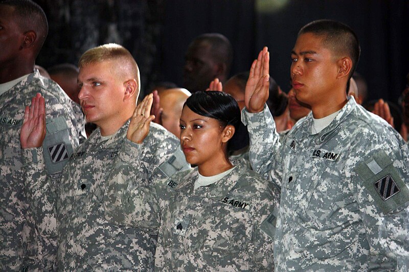 File:U.S. troops take the citizenship oath during a naturalization ceremony in Al Faw Palace on Camp Victory, Iraq, July 4, 2010.jpg