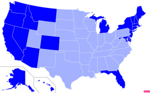 States in the United States by non-Christian (e.g. Non-religious, Jewish, Muslim, Hindu, Buddhist) population according to the Pew Research Center 2014 Religious Landscape Survey.[193] States with non-Christian populations greater than the United States as a whole are in full blue.