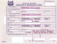 An undated Singapore certificate of registration of birth, indicating the child was not a citizen of Singapore at birth.