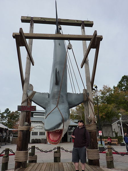 The former entrance to Jaws at Universal Studios Florida, which was a popular photo spot in the park. The Tiger shark model seen above was later reloc