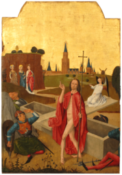 Resurrection of Jesus (detail from the Colmar Altarpiece). The mutilation of the panel can most clearly be seen at the lower right.