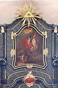 Saint George and the dragon in a painting by Benedikt Beckenkamp on the main altar of St. Georg (Urmitz), 18th century