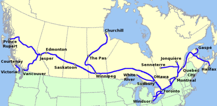 Route map of passenger trains that cross Canada.