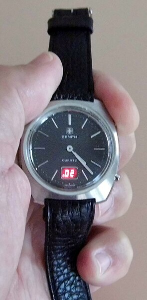 File:Vintage Watch Collection- Zenith Swiss-Made Men's LED Digital Analog Quartz Watch, Original Band, Provides Both Hands and LED Digital Display, Excellent Working Condition, Circa 1970s (14327173569).jpg