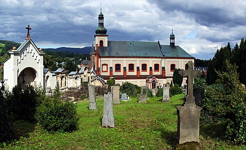 Vrchlabi (Hohenelbe) - monastery and church of St. Augustin - view from old cemetery