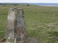The triangulation pillar, looking west towards Coombe Gibbet