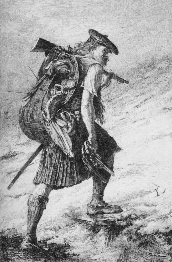 Disbanded, Waverley in Highland garb, illustration to 1893 edition, by J Pettie.