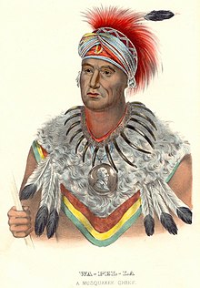 Chief Wapello; "Wa-pel-la the Prince, Musquakee Chief", from History of the Indian Tribes of North America. Wapella.jpg