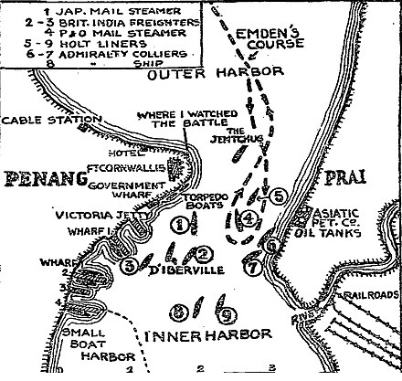 A 1914 map from The New York Times depicting the Battle of Penang.