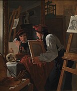 Wilhelm Bendz (1826), Un joven artista (Ditlev Blunck) observa un boceto en un espejo.