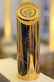 A gold plated World Branding Awards trophy on display at the Museum of Brands, Packaging & Advertising in London World Branding Awards Trophy.jpg