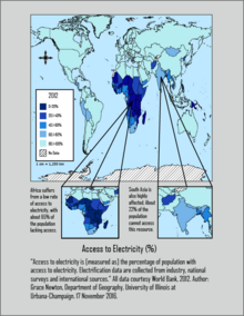 Lack of access to electricity is one indicator of energy poverty. World Electricity Access by Country Gradient Map.png