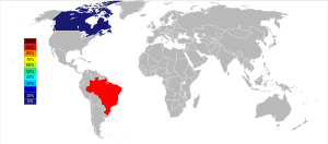 Grey e white world map with Brazil colored red representing 90% of niobium world production and Canada colored in dark blue representing 5% of niobium world production