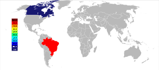 Grau-weiße Weltkarte mit Brasilien in Rot, das 90% der Niob-Weltproduktion darstellt, und Kanada in dunkelblauer Farbe, das 5% der Niob-Weltproduktion darstellt