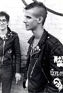 Punks wearing leather jackets in Evansville, Indiana ca. 1984