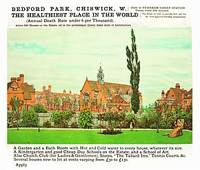 'Bedford Park, Chiswick, W. the Healthiest Place in the World': coloured lithograph by Frederick Hamilton Jackson, c. 1882 'Bedford Park Chiswick W the healthiest place in the world' by F Hamilton Jackson.jpg