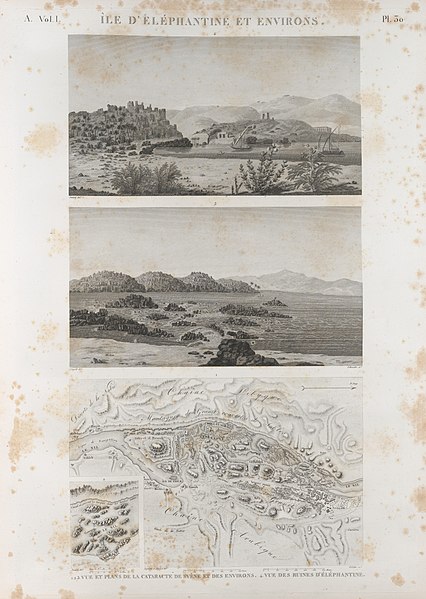 Pl.30 - 1-3. Vue et plans de la cataracte de Syène (Aswân) et des environs 4. Vue des ruines d'Éléphantine