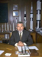 Still with his rocket models, von Braun is pictured in his new office at NASA headquarters in 1970