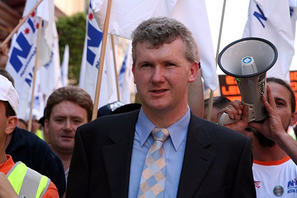 Burke at a 2005 protest against the Howard government's industrial relations policy