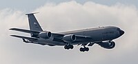 A KC-135R Stratotanker, tail number 57-1439, on final approach at Kadena Air Base in Okinawa, Japan in March 2020. It is assigned to the 22nd Air Refueling Wing and the 931st Air Refueling Wing at McConnell Air Force Base in Wichita, Kansas.