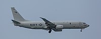 A US Navy P-8 Poseidon, tail number 168756, on final approach at Kadena Air Base in Okinawa, Japan.