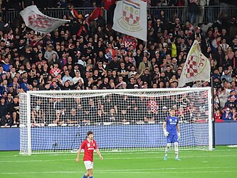 Fans of Sydney United 58 FC, a soccer club founded by Croatian Australians, at the 2022 Australia Cup Final 2022 Australia Cup Final fans.jpg