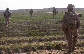 As with most other modern foot soldiers, the US 6th Marine Regiment, on patrol near Marjah, 2010, routinely uses skirmish formation. 3rd Battalion 6th Marine Regiment patrol outskirts of Marjah.jpg