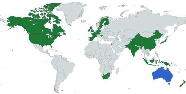 Um mapa das nações concorrentes em verde e o país anfitrião (Austrália) em azul.