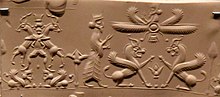 Cylinder seal of an Achaemenid king before two sphinxes, and above the divine emblem Faravahar Achaemenid cylinder seal showing 2 scenes. An Achaemenid king before 2 sphinxes (below god Ahura Mazda). Supernatural creature fighting 2 ibexes. 6th-4th century BCE. From Hillah, Iraq. British Museum (cropped).jpg