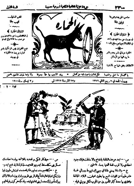 1911 cartoon: Saladin (right) protesting the Sursocks' sale of Al Fula, and Yehoshua Hankin (left) handing out money. Haifa satirical newspaper al Him