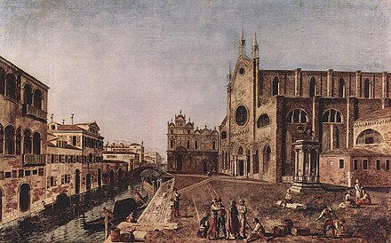 Gondolas at Santi Giovanni e Paolo in a painting by Michele Marieschi
