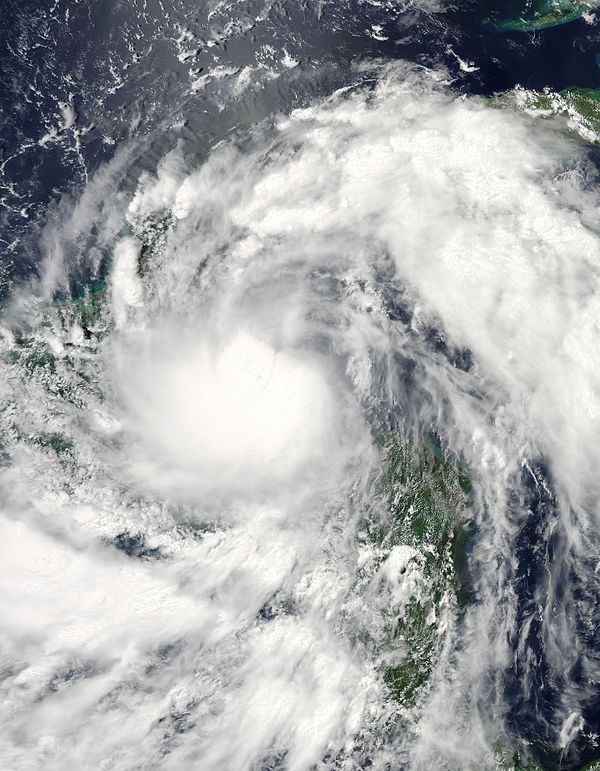 Visible satellite image of Tropical Storm Alex near the Yucatán Peninsula