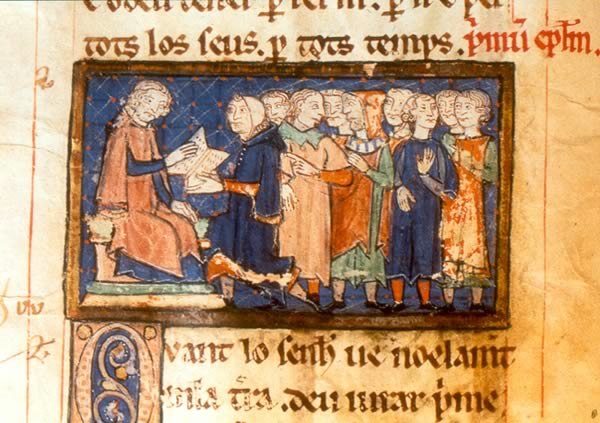 Alphonse, as Count of Toulouse, recognised the autonomy of the commune of the town of Agen. In this illustration he takes an oath before the consuls w