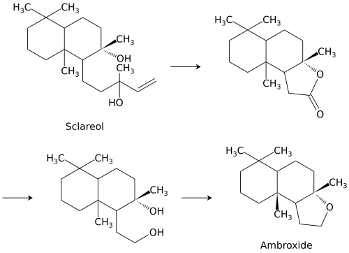 Conversion of sclareol to ambroxide Ambroxide synthesis sclareol.svg