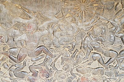 Bas-relief "Battle of Devas and Asuras" Temple d' Angkor Wat dans la province de Siem_Reap, Cambodge