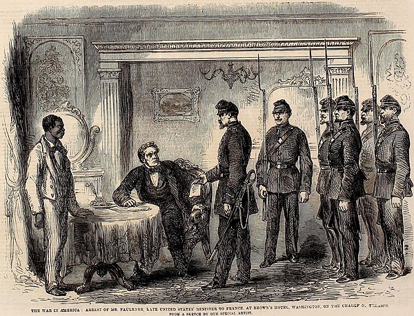 Arrest of Mr. Faulkner, at Brown's Hotel, Washington, on the charge of treason, August 1861