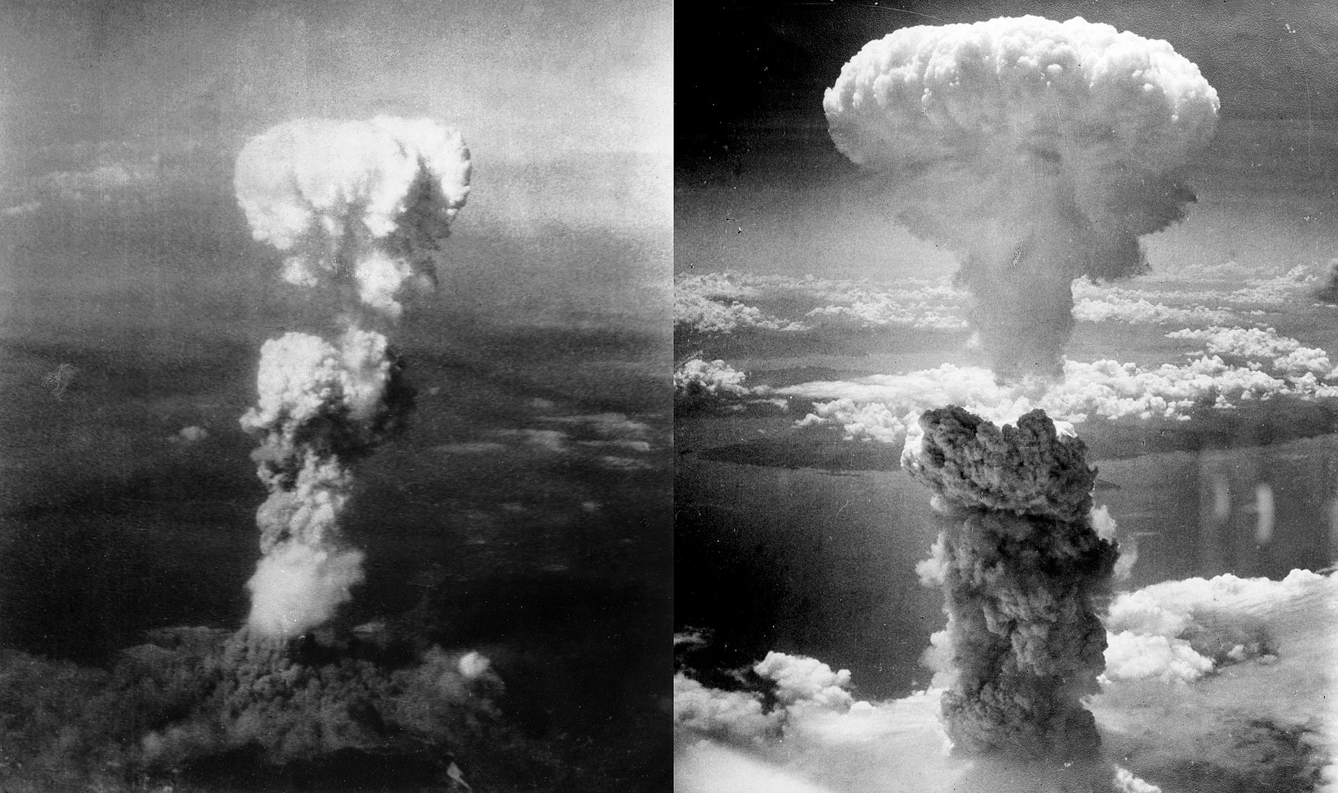 Two aerial photos of atomic bomb mushroom clouds, over two Japanese cities in 1945