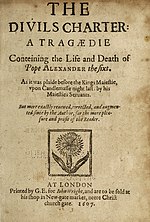 1607 quarto of The Devil's Charter, which may allude to Antony and Cleopatra. Barnabe Barnes, The Divils Charter (1607).jpg