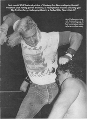 Windham (top) winds up to punch Ron Bass (bottom), circa 1987 Barry Windham punch Ron Bass 1987.png
