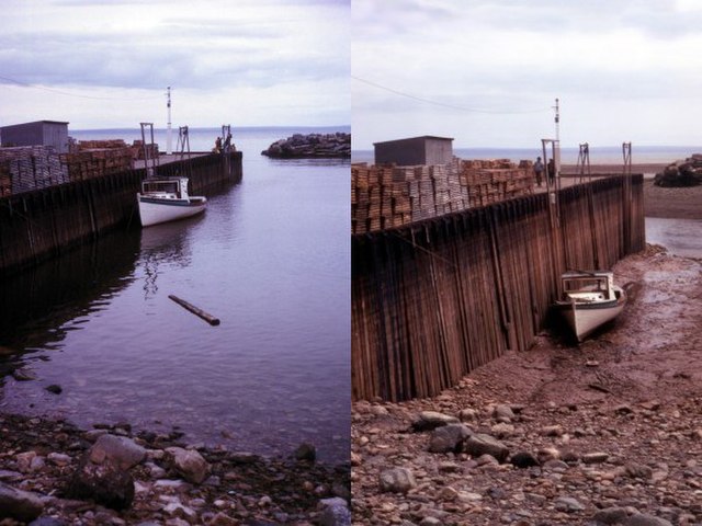 High tide and low tide in the Bay of Fundy, Canada.